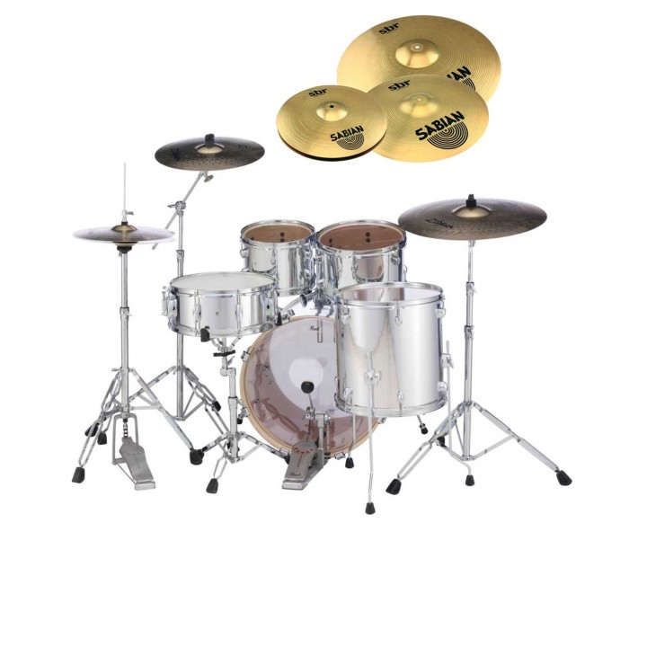 Pearl Export EXX, EXX725SBR/C49, 5-Piece Drum Set with Hardware and Sabian SBr Cymbals Set, Mirror Chrome