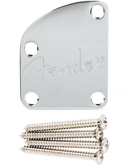 Fender® Deluxe Contoured Heel Neck Plate With Spaghetti Logo, Chrome