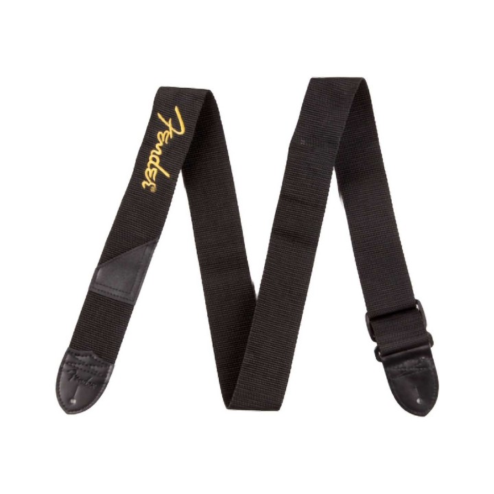 Fender® Black Polyester Logo Straps, Black with Fender Logo / Yellow