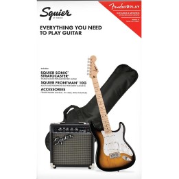 Squier Sonic® Stratocaster® Pack, Frontman 10G Amp, Gig Bag, 2-Color Sunburst