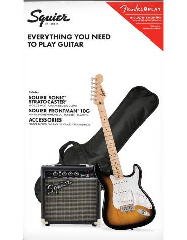 Squier Sonic® Stratocaster® Pack, Frontman 10G Amp, Gig Bag, 2-Color Sunburst