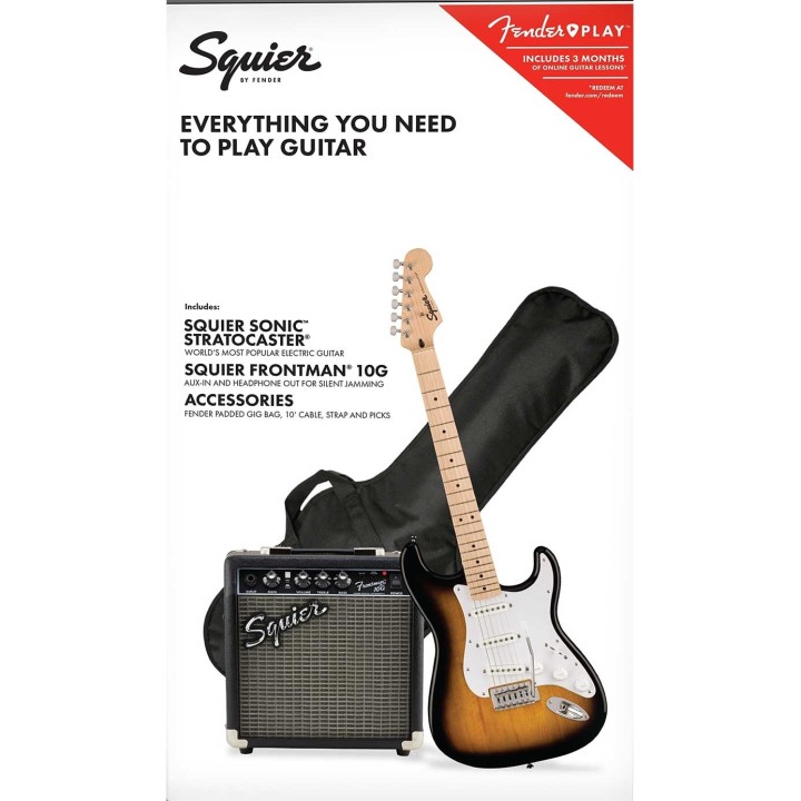 Squier Sonic® Stratocaster® Pack, Frontman 10G Amp, Gig Bag, 2-Color Sunburst