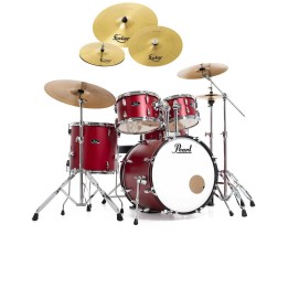 Pearl Road Show RS505BC/C747, 5-Piece Drum Set with Hardware and Sabian Solar 3 - Cymbals Set, Matte Red