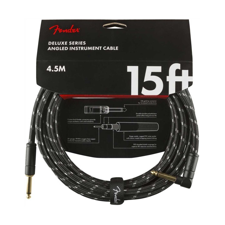 Fender 15ft Deluxe Series Instrument Cable Angle, Black Tweed