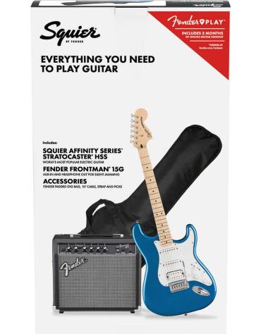 Squier Affinity Series® Stratocaster® HSS Pack, Frontman 15G Amp, Gig Bag, Lake Placid Blue