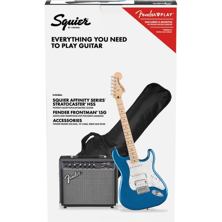Squier Affinity Series® Stratocaster® HSS Pack, Frontman 15G Amp, Gig Bag, Lake Placid Blue